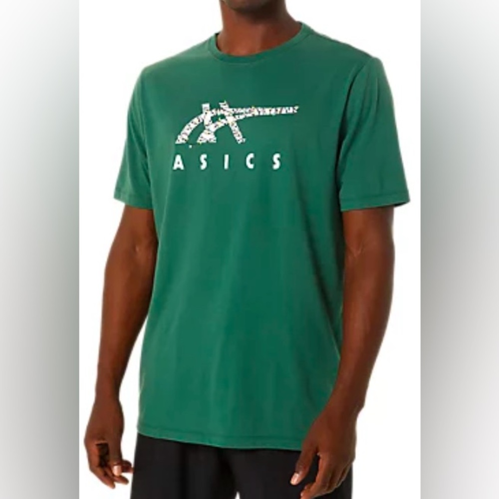 Asics men’s holiday lights logo crewneck short sleeve shirt Christmas green XS‎